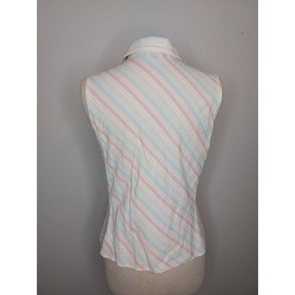 Lands End Women 10 Petite Sleeveless Collar Button Down Blouse Pastel Seersucker - Picture 5 of 16
